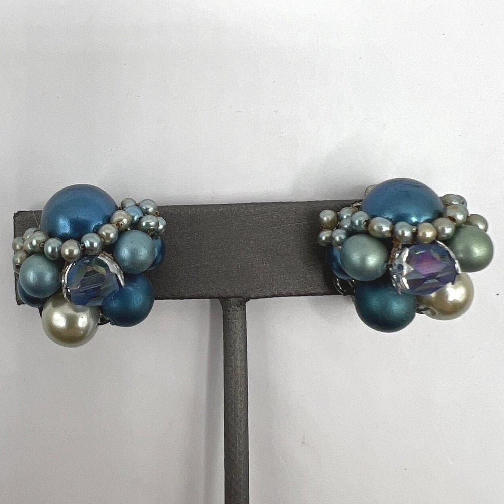 Vintage Clip On Earrings Blue Beads with Faux Pearls‎ Made in Japan